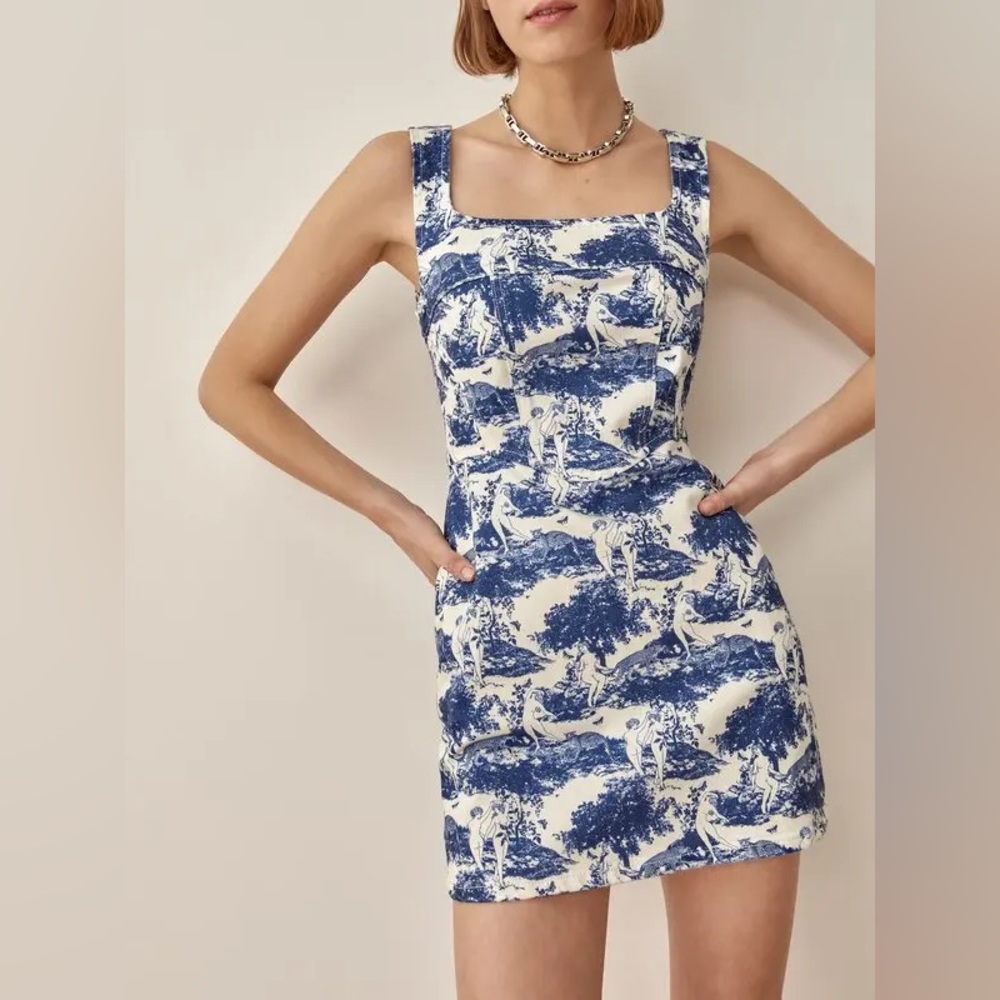 BNWT Reformation Davies Bustier Denim Mini Dress in Pastoral Print Size 6